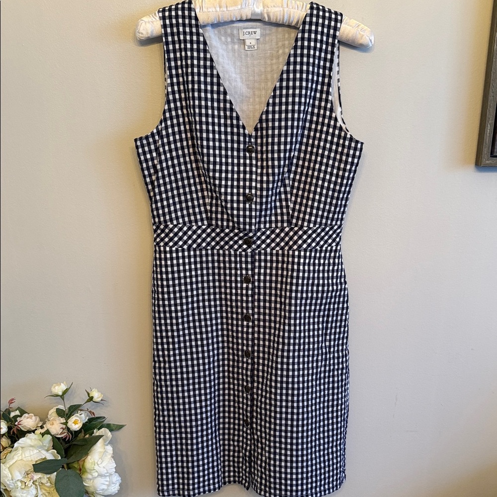J. Crew Factory Navy and White Gingham Midi Dress
